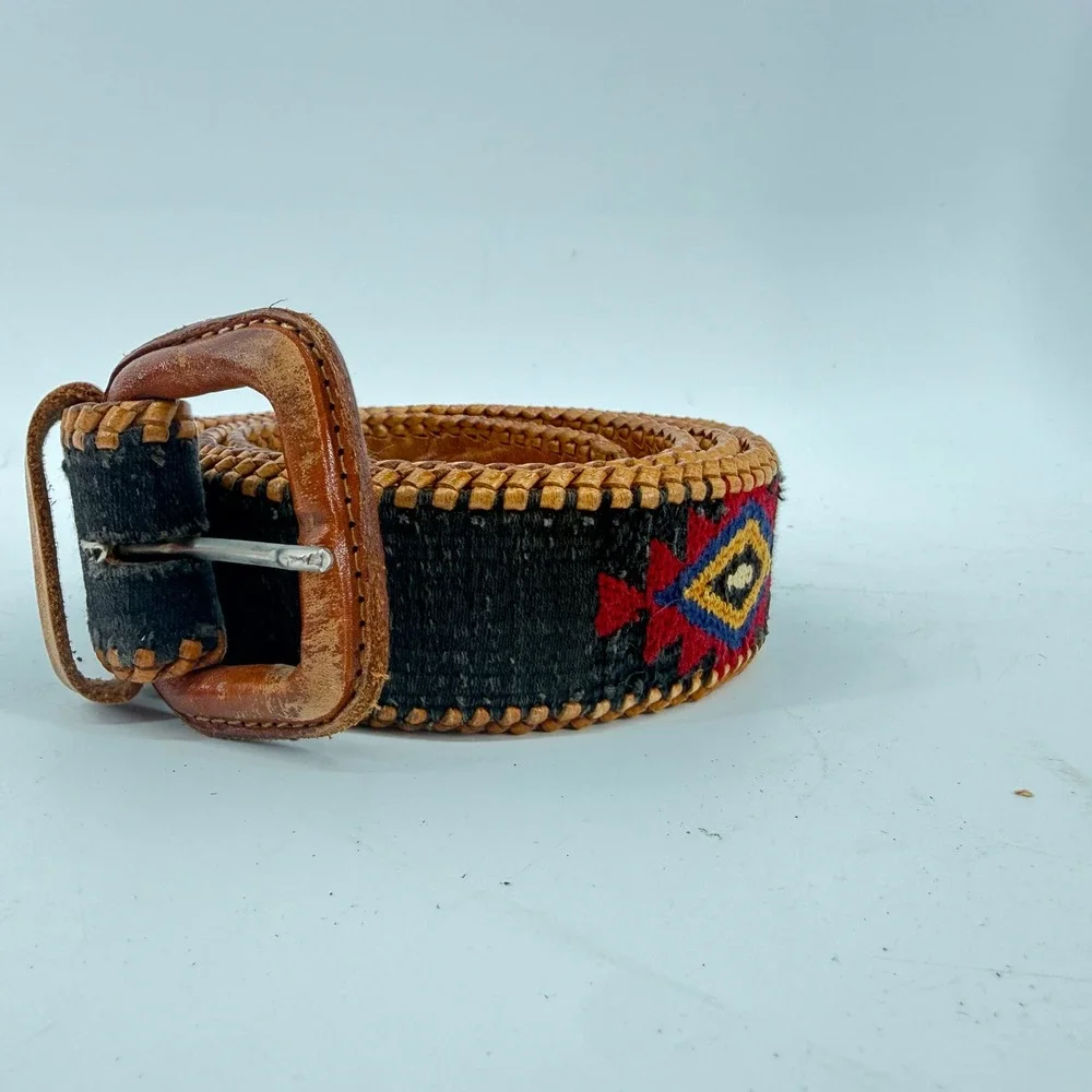 Vintage Southwestern‎ Woven Leather Belt Unisex SZ 40 Brown Black Geometric Boho